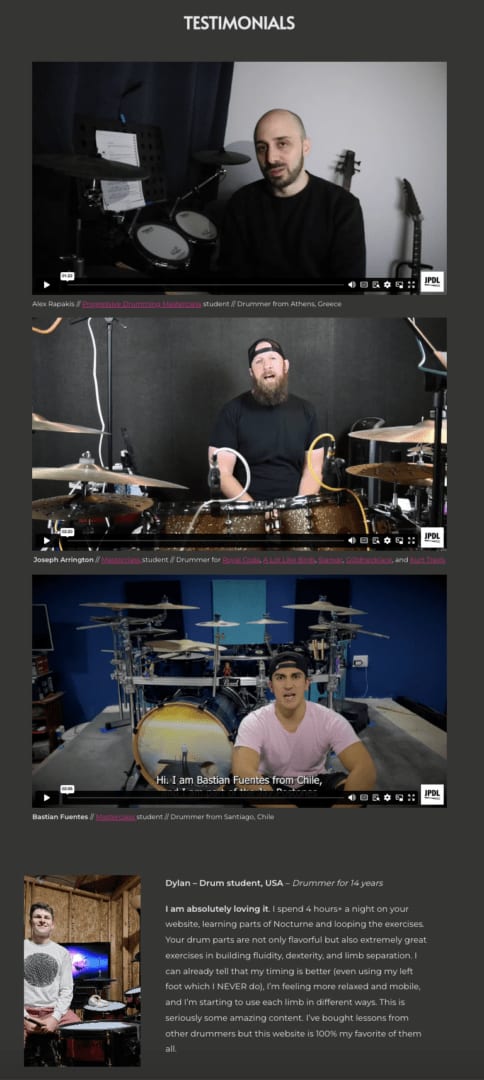A website page of video and copy testimonials.